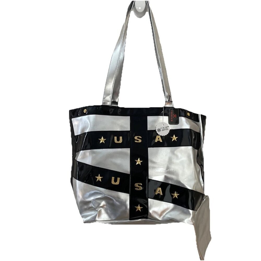 Comeco Metallic Faux Leather Tote Handbag Large Silver USA Stars Studded Glam